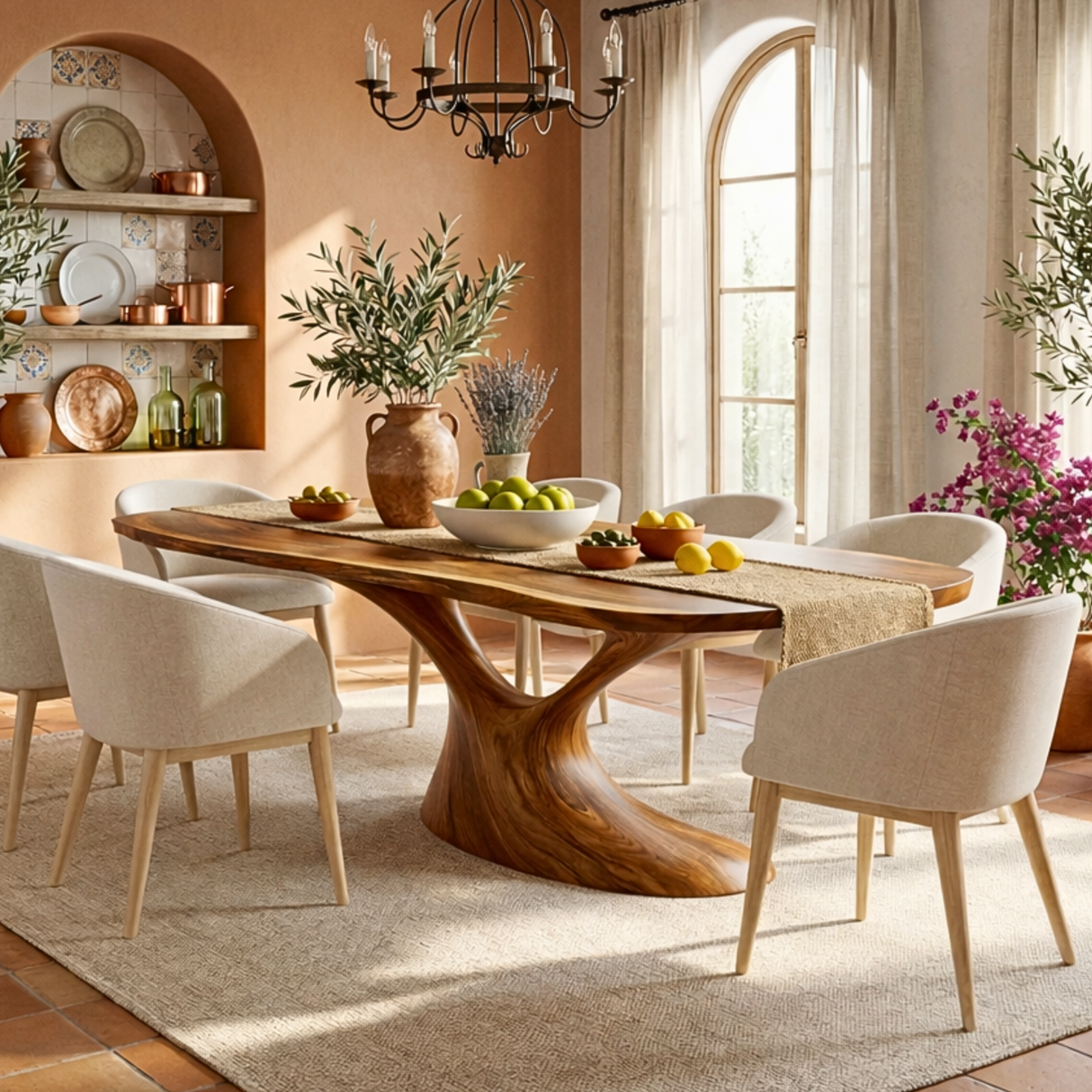 Organic Solid Wood Dining Table with Sculptural Flowing Base for Dining Room
