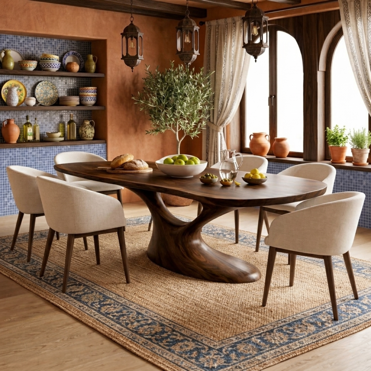 Organic Solid Wood Dining Table with Sculptural Flowing Base for Dining Room