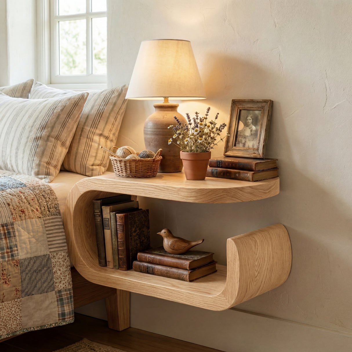 Handcrafted Solid Wood Floating Nightstand with Curved Open Storage for Bedroom