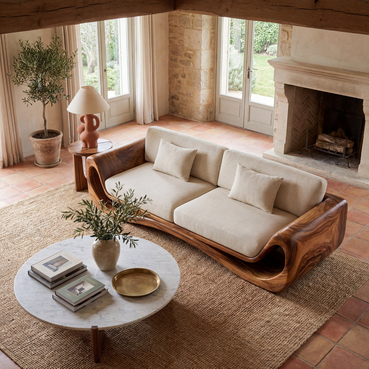 Solid Wood Curved Frame Sofa with Sculptural Wrapped Sides for Home Library