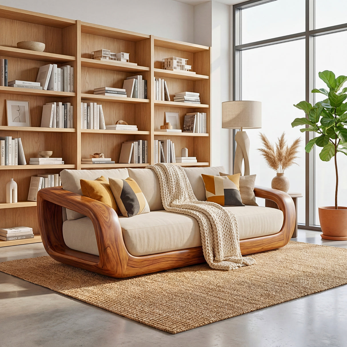 Solid Wood Lounge Sofa with Continuous Curved Frame for Reading Room
