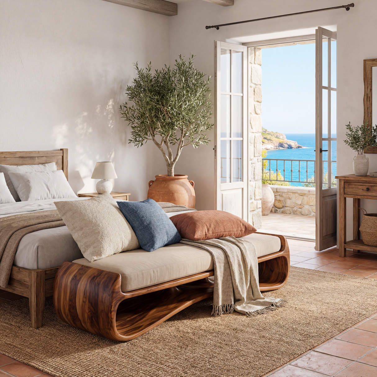 Sculptural Solid Wood Bench with Flowing Open Base for Living Space