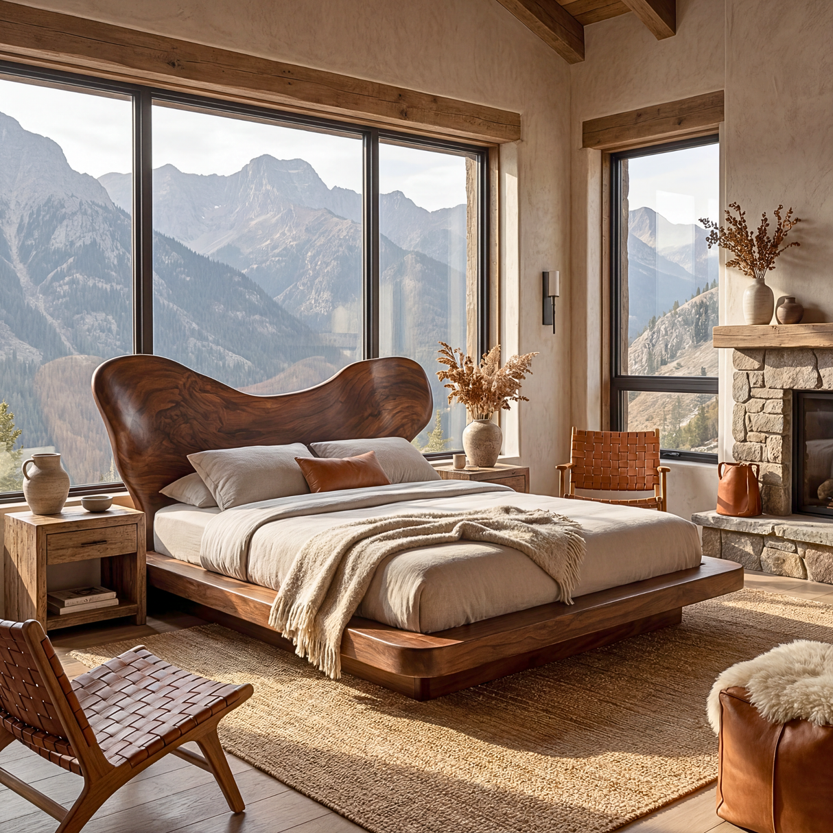 Sculptural Solid Wood Platform Bed with Organic Curved Headboard for Bedroom