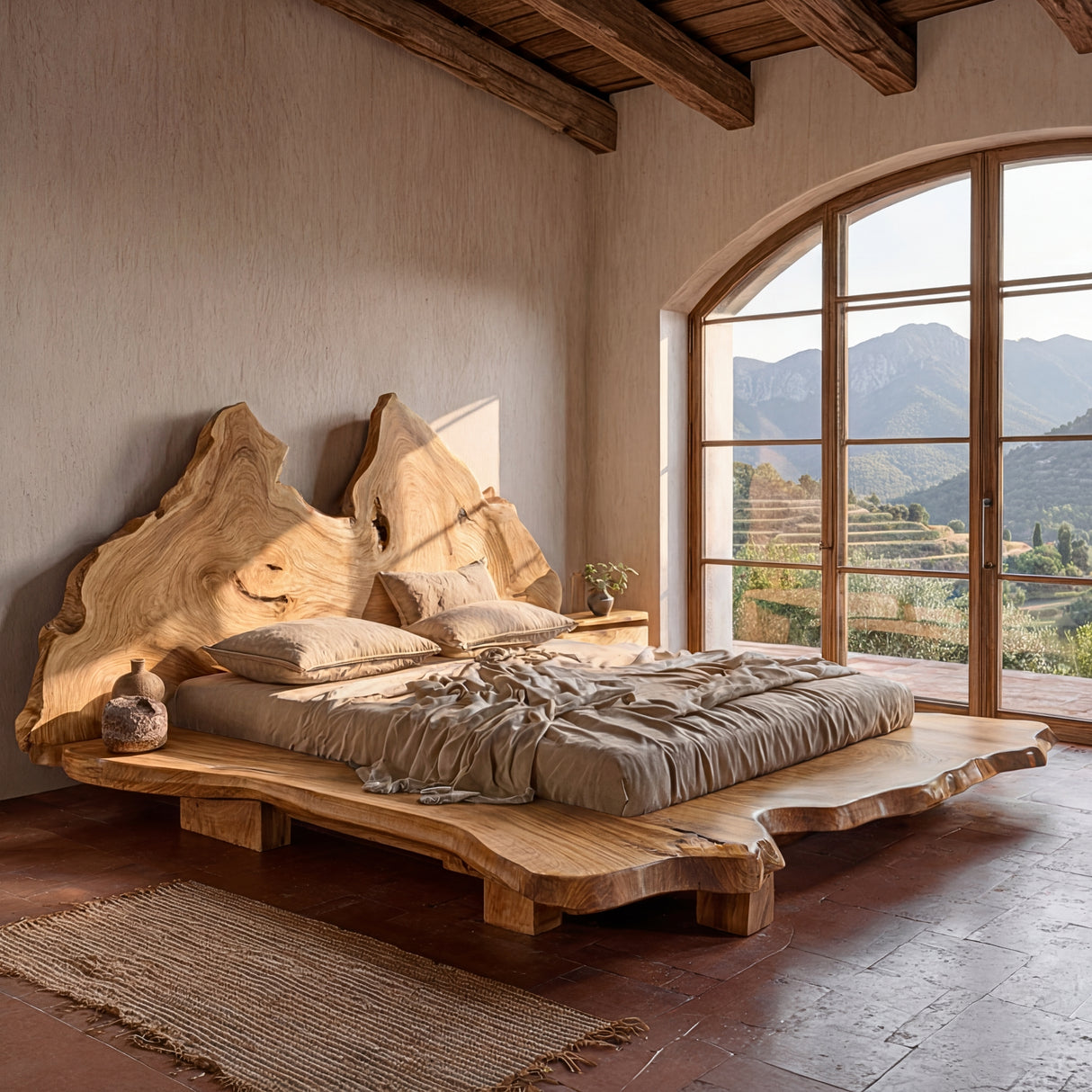 Handcrafted Solid Wood Platform Bed with Live Edge Headboard for Bedroom