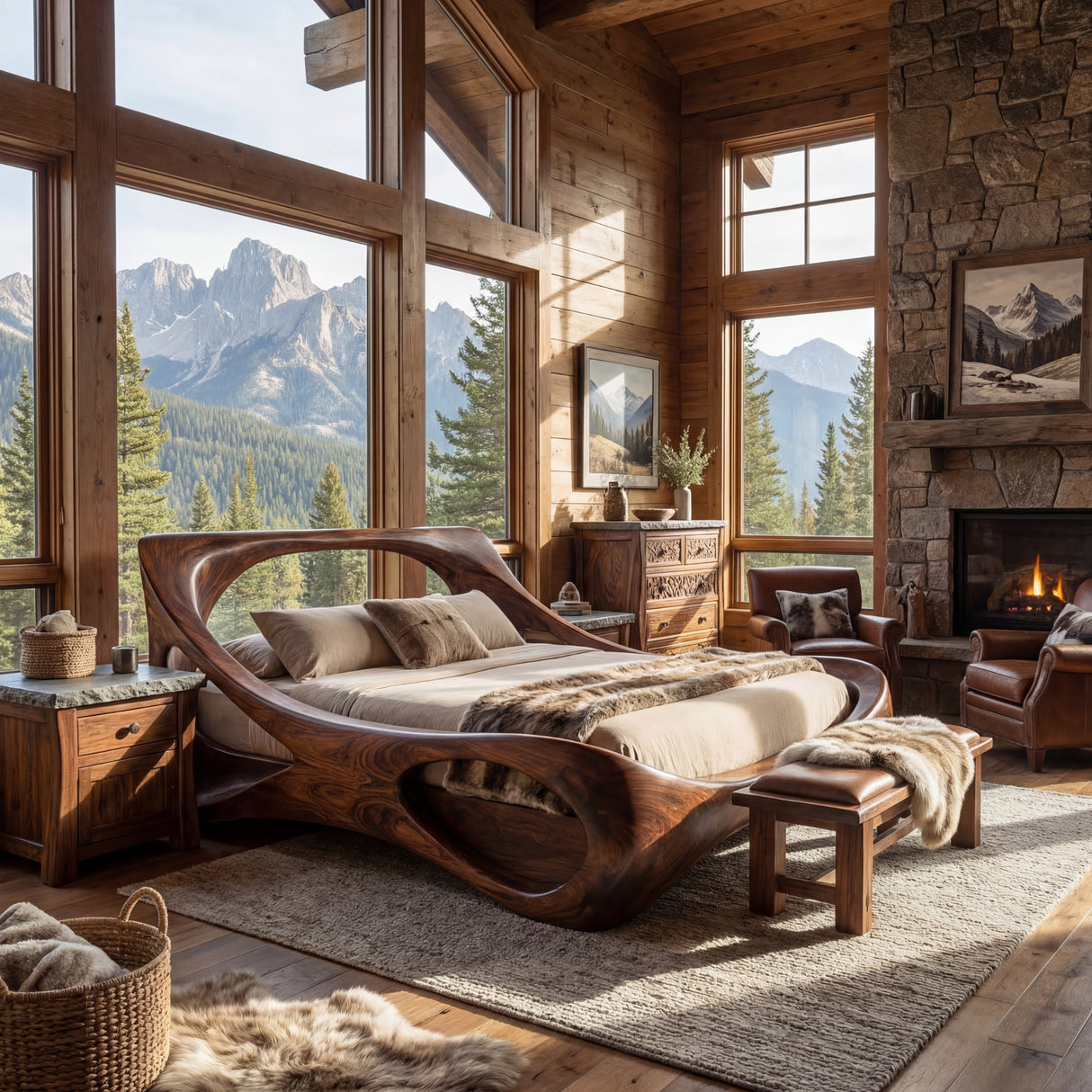 Handcrafted Solid Wood Bed with Live Edge Platform and Sculptural Headboard