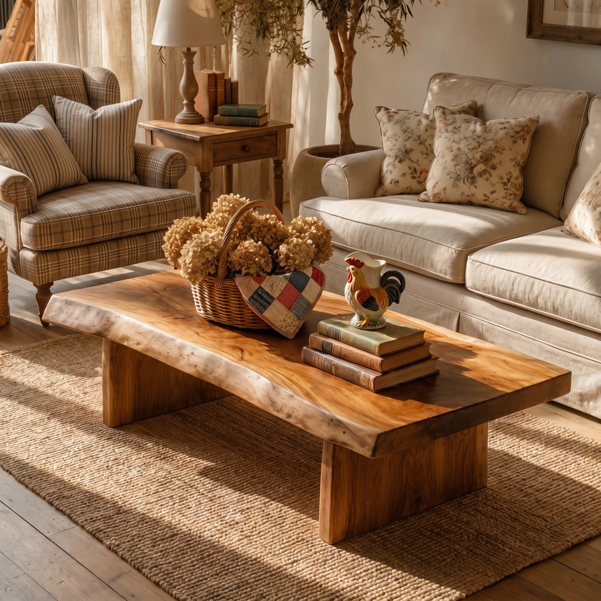 Solid Wood Coffee Table with Live Edge Top for Living Room