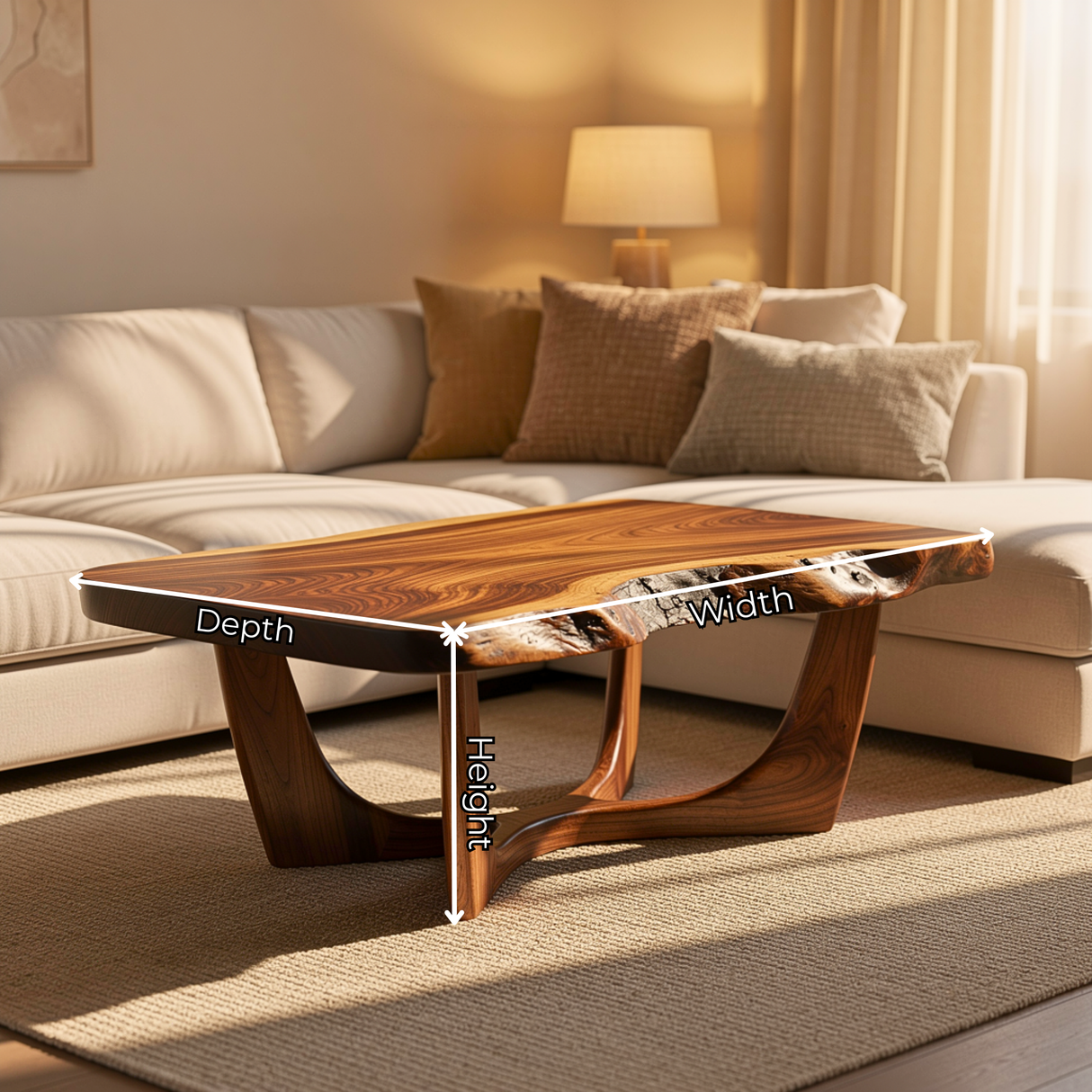 Solid Wood Coffee Table with Natural Edge Detail and Sculptural Base