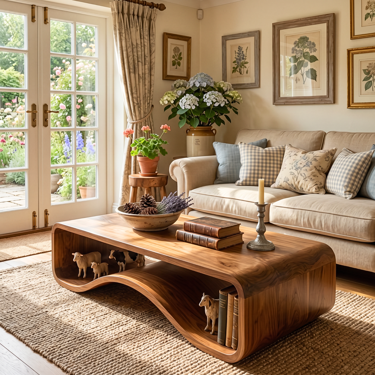 Organic Solid Wood Coffee Table with Wave Shelf Base