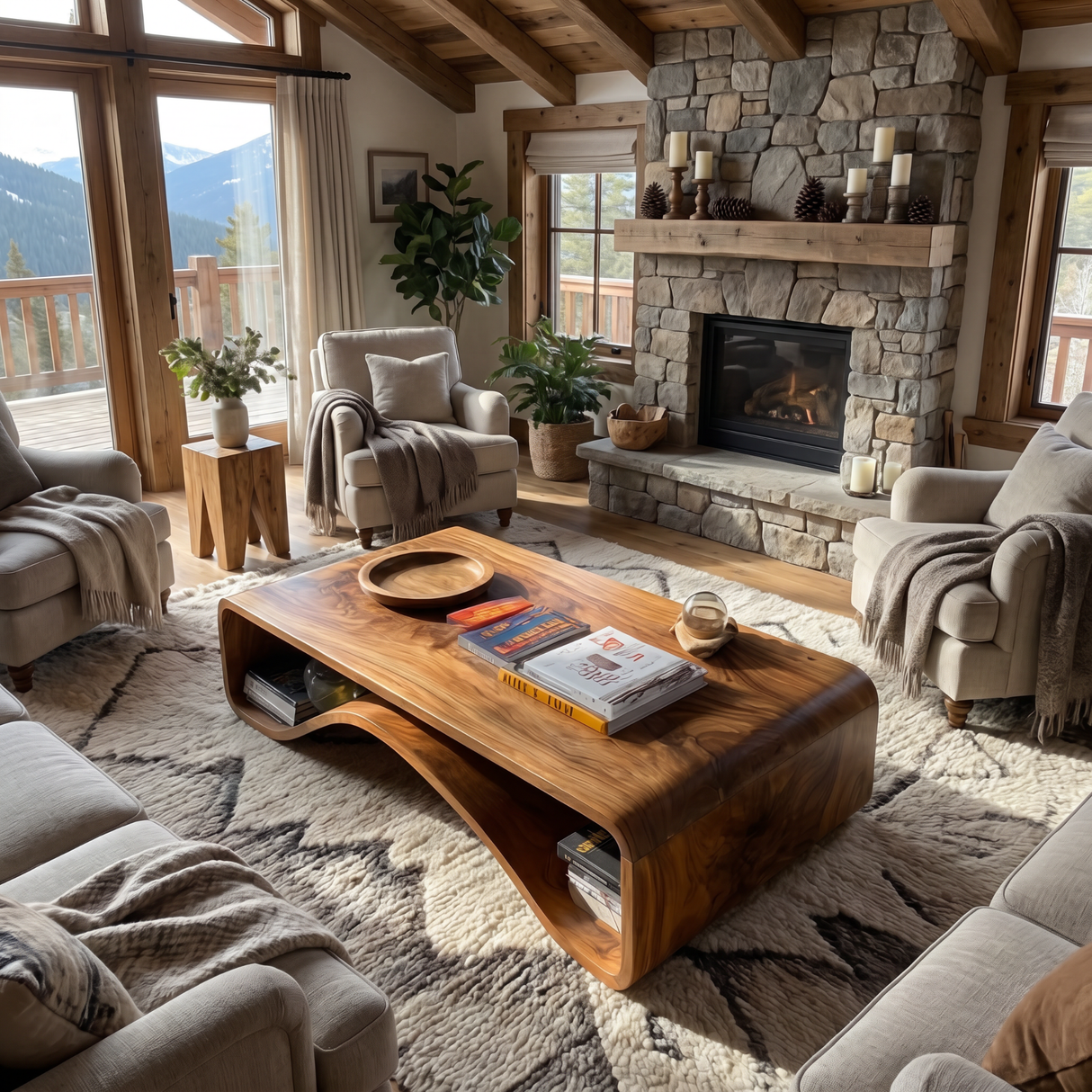 Organic Solid Wood Coffee Table with Wave Shelf Base