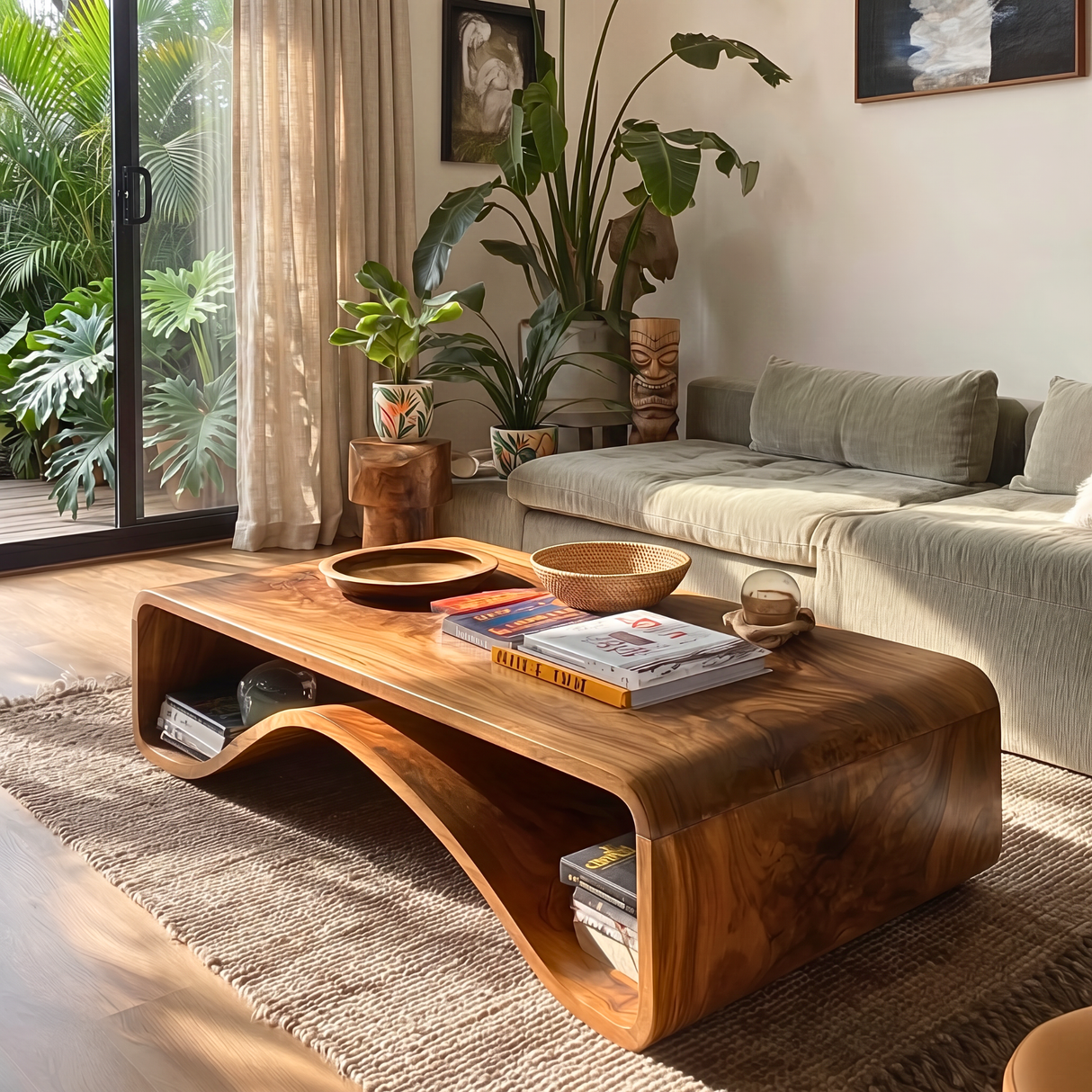 Organic Solid Wood Coffee Table with Wave Shelf Base