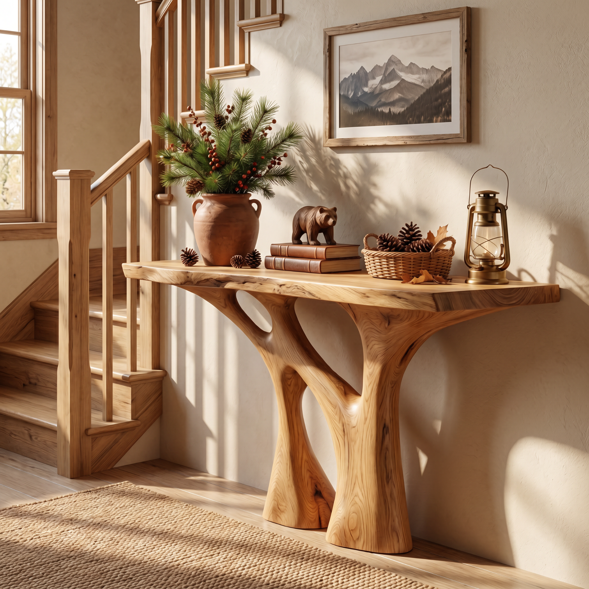 Solid Wood Console Table with Organic Open Carved Base