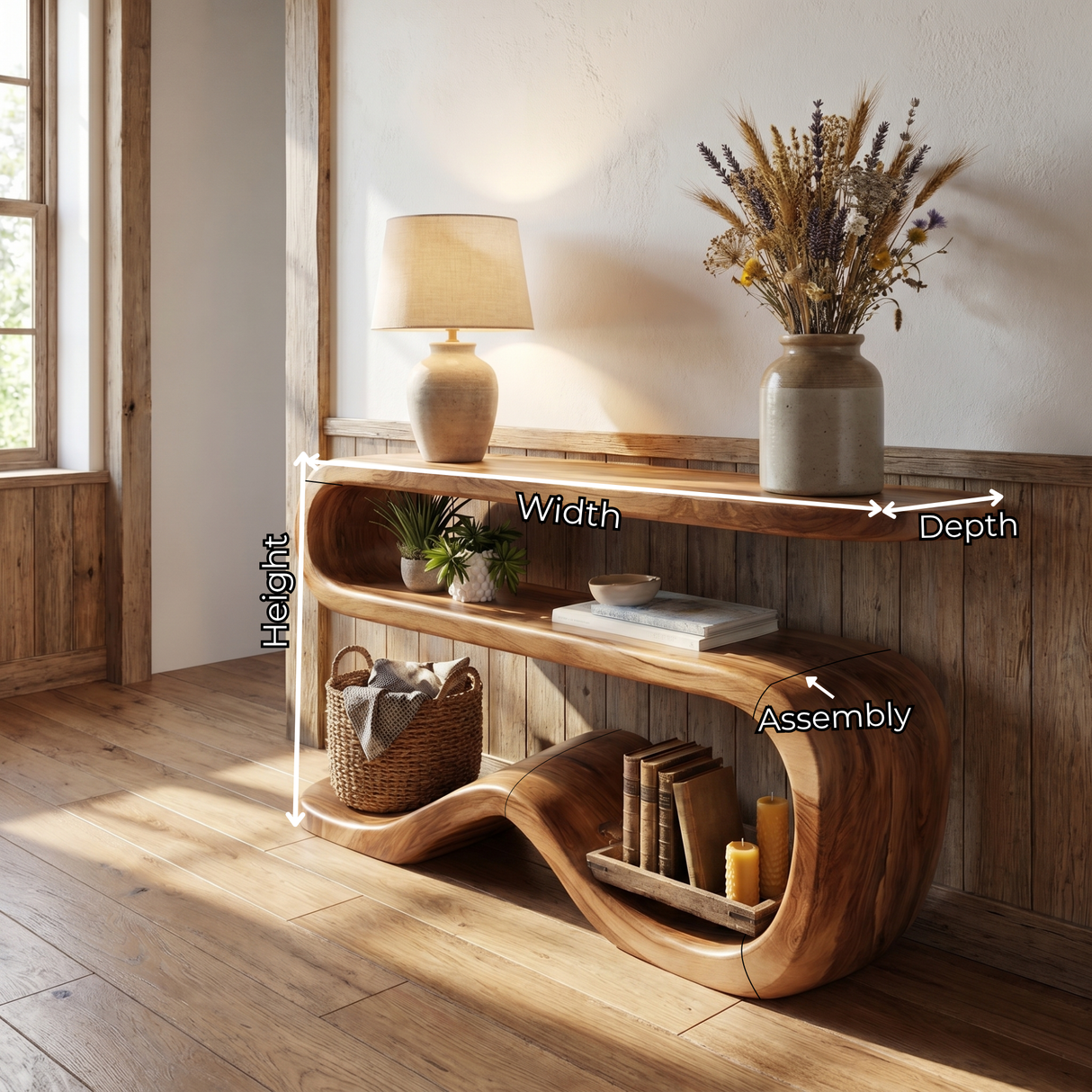 Organic Solid Wood Console Table with Wave Base and Open Shelf