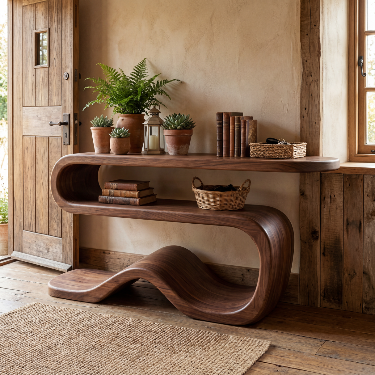 Organic Solid Wood Console Table with Wave Base and Open Shelf