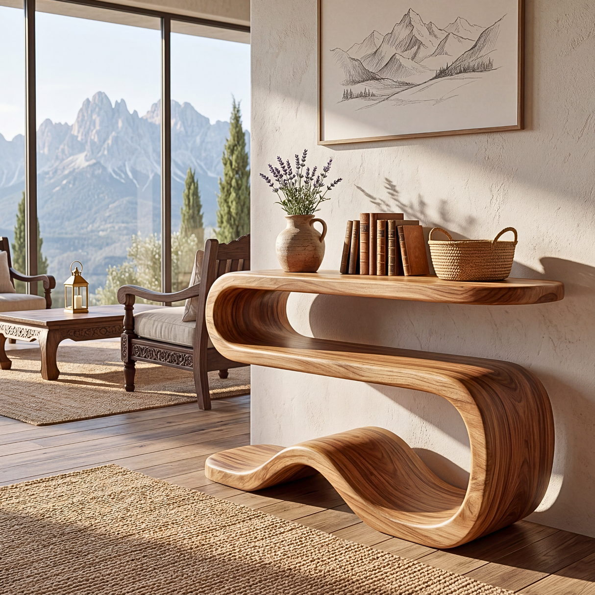 Organic Solid Wood Console Table with Wave Base and Open Shelf