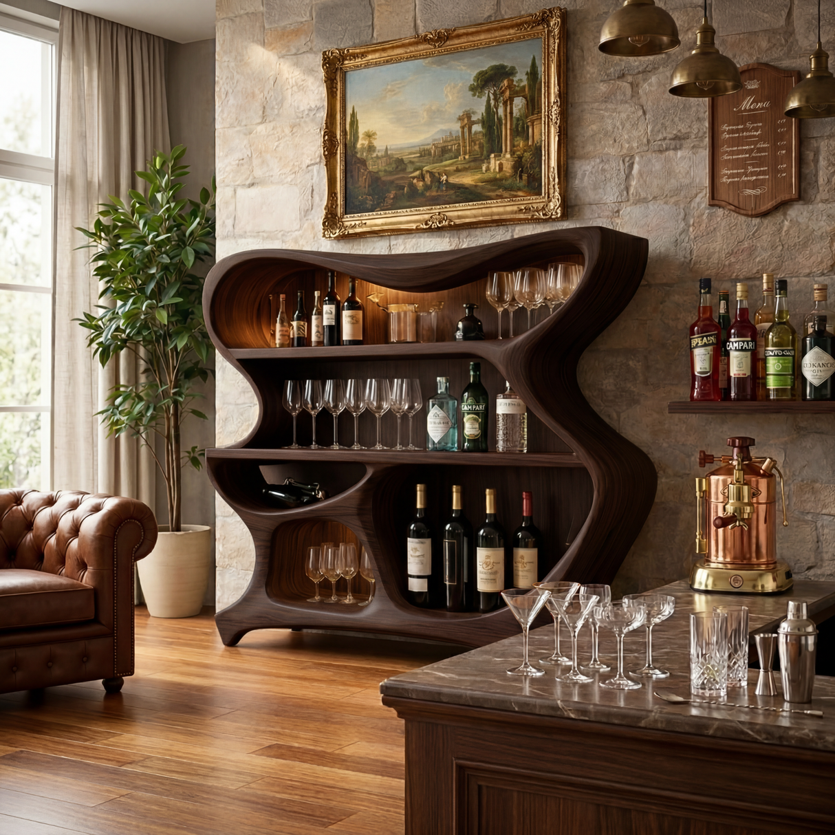 Handcrafted Solid Wood Bar Cabinet with Sculptural Open Shelves