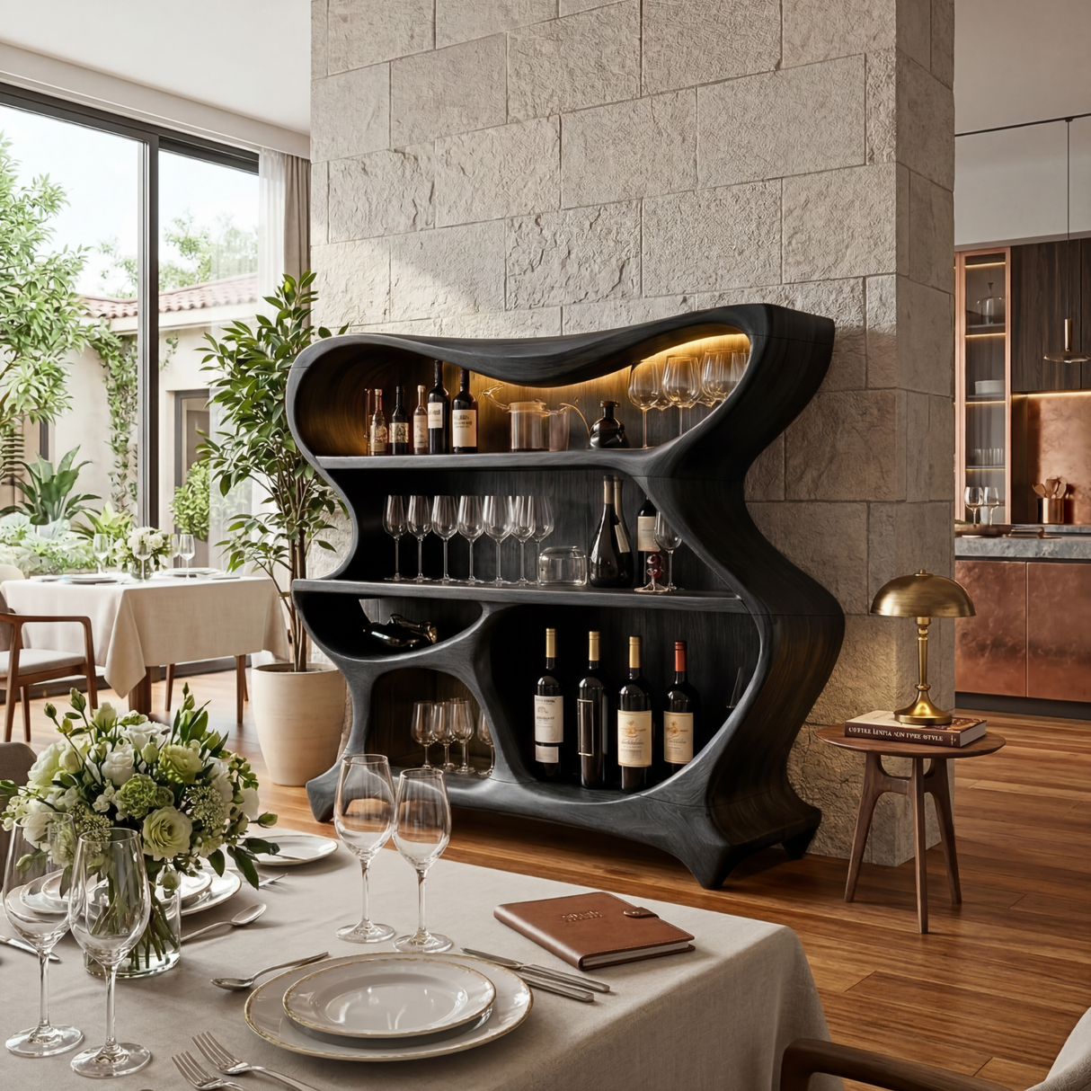 Handcrafted Solid Wood Bar Cabinet with Sculptural Open Shelves