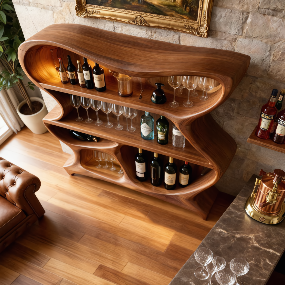 Handcrafted Solid Wood Bar Cabinet with Sculptural Open Shelves