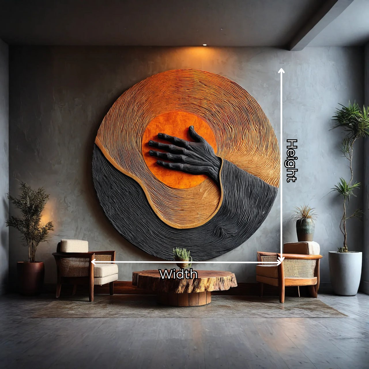 Handcrafted Solid Wood Wall Sculpture with Circular Relief and Expressive Hand Motif