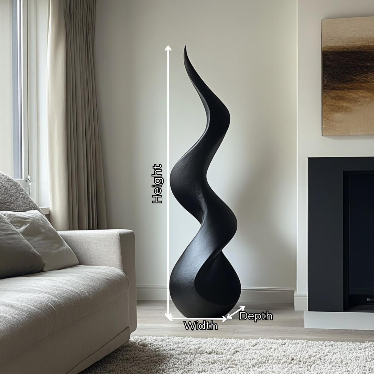 Abstract Solid Wood Floor Sculpture with Flowing Flame Silhouette