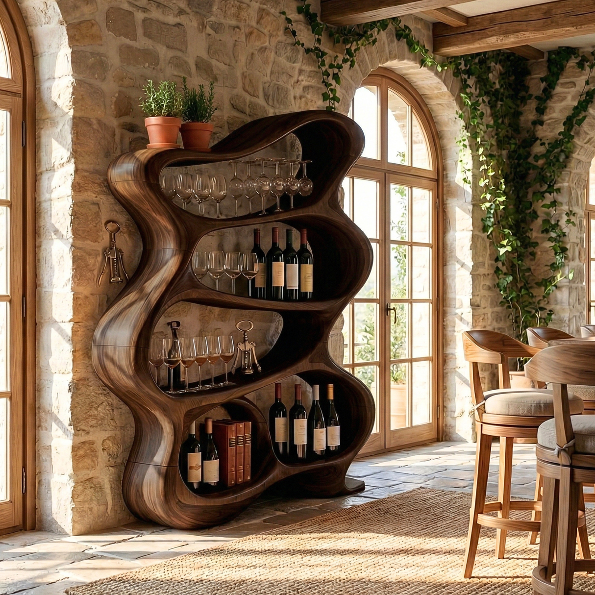 Handcrafted Solid Wood Wine Rack Cabinet with Flowing Open Shelves