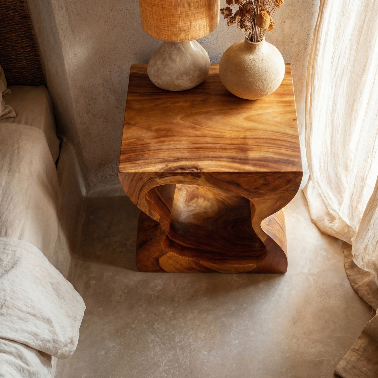 Handcrafted Solid Wood Nightstand with Sculptural Cutout Base for Bedroom
