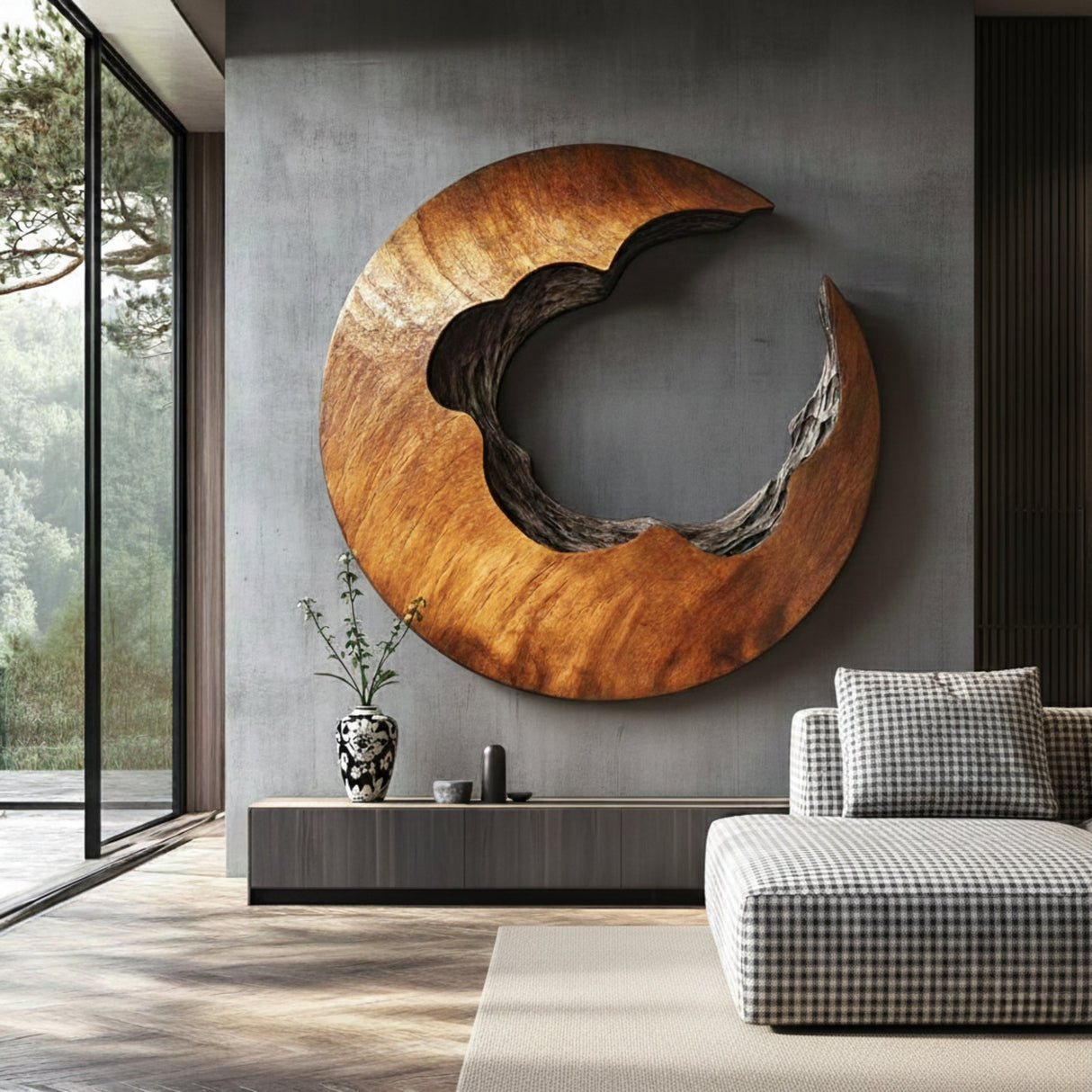 Round Abstract Solid Wood Wall Sculpture for Modern Living Spaces