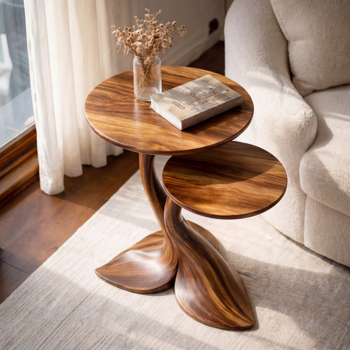Sculptural Twin Tier Solid Wood Side Table with Whale Tail Base for Living Room