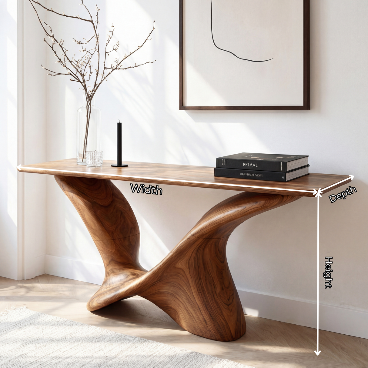 Modern Solid Wood Console Table with Sculpted Curved Base