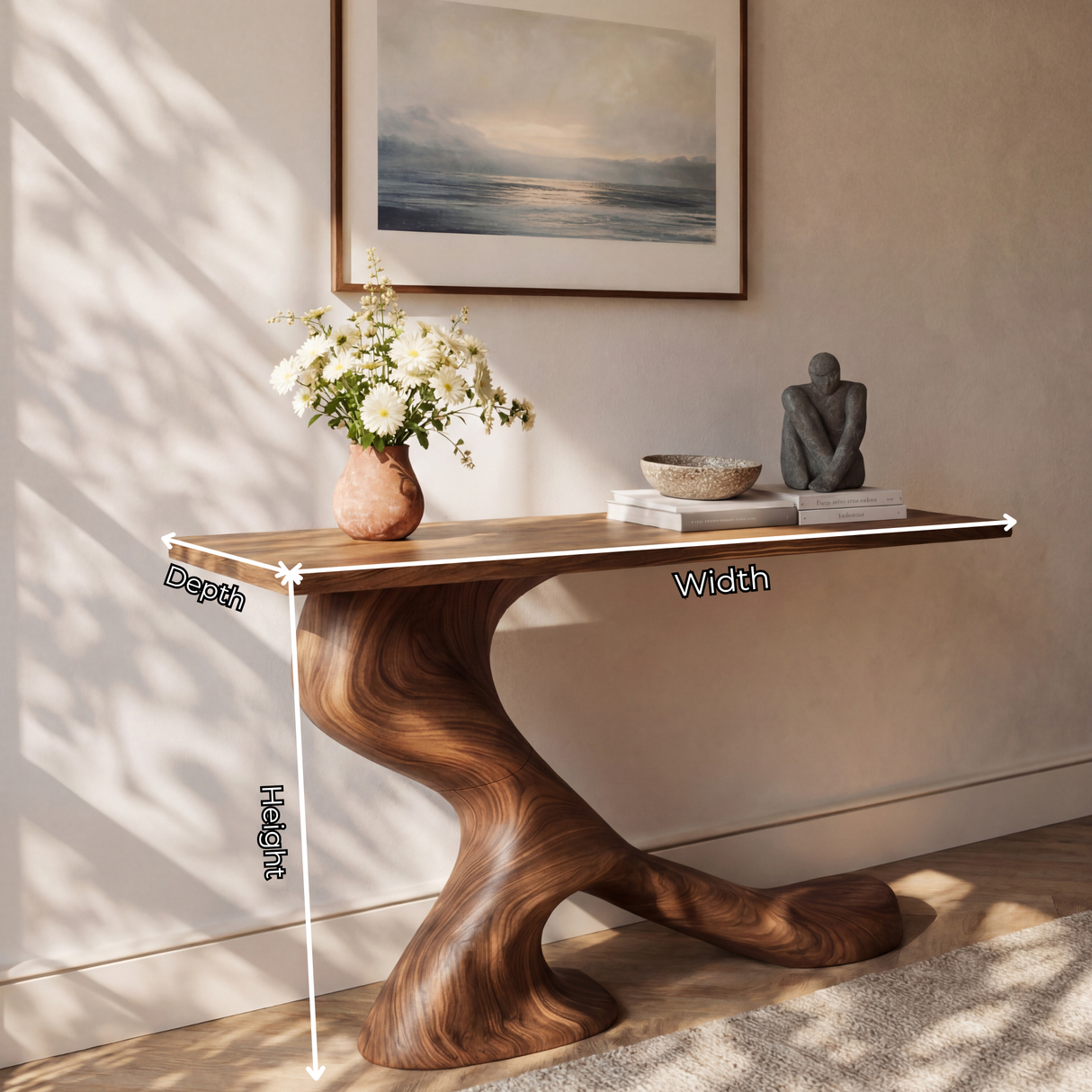 Asymmetrical Sculptural Solid Wood Console Table with Organic Curved Base