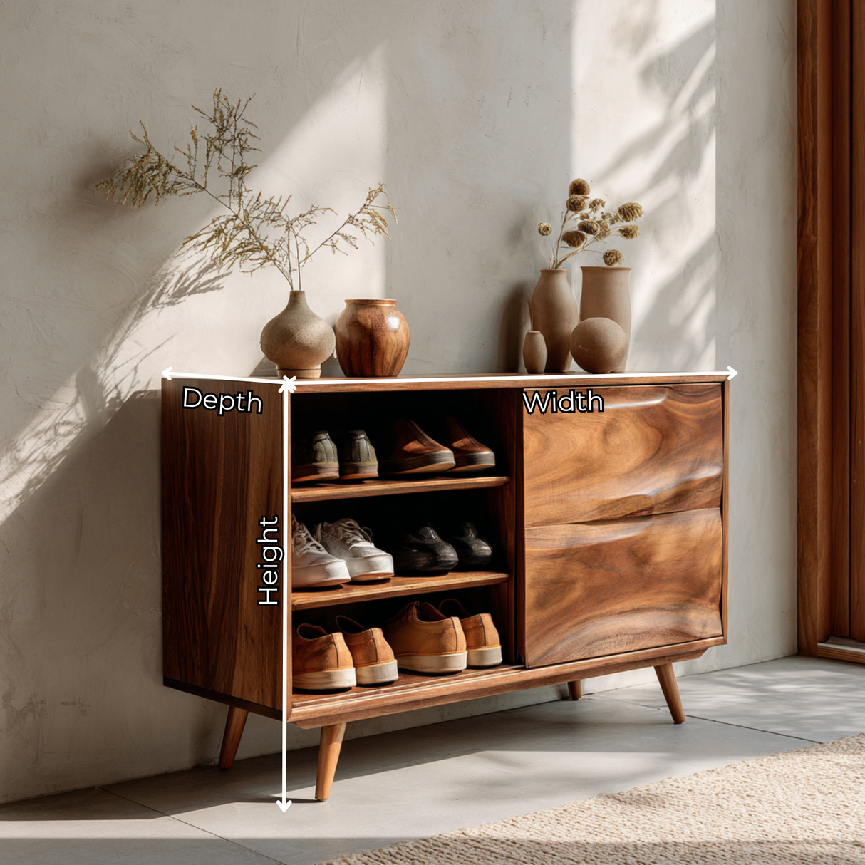 Handcrafted Solid Wood Shoe Cabinet with Open Shelves for Entryway
