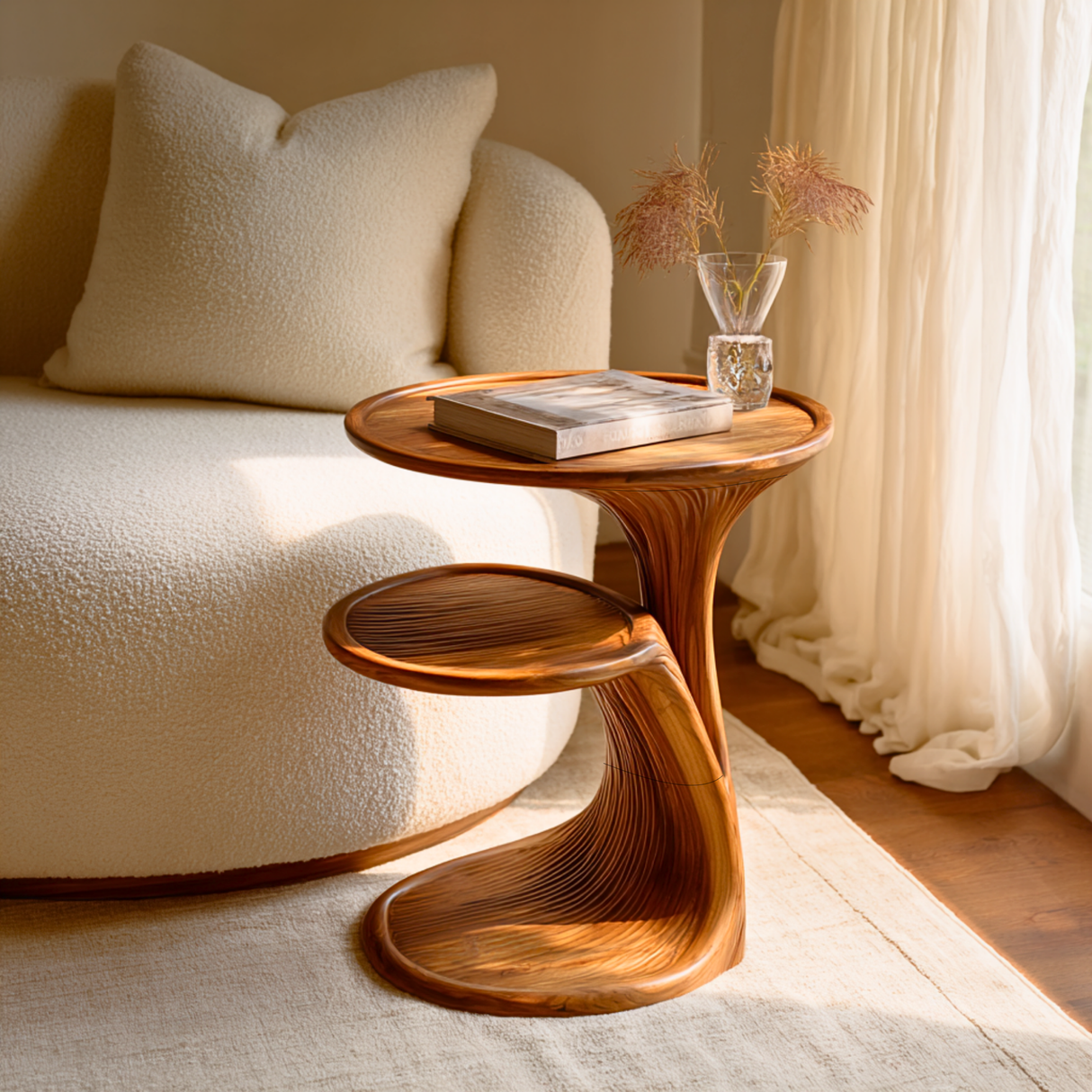 Sculptural Two Tier Solid Wood Side Table for Living Room Use