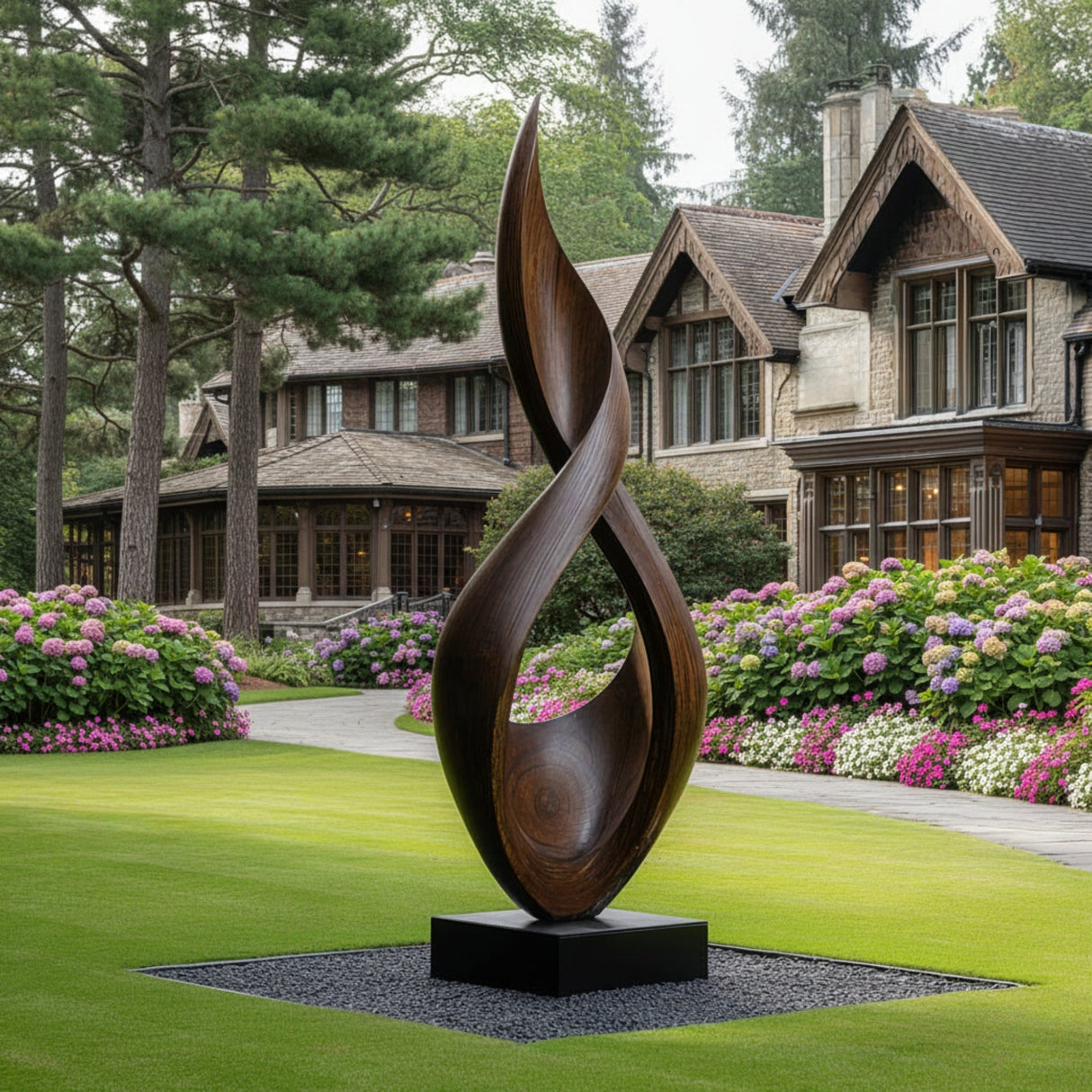 Abstract Twisting Solid Wood Outdoor Garden Sculpture on Base