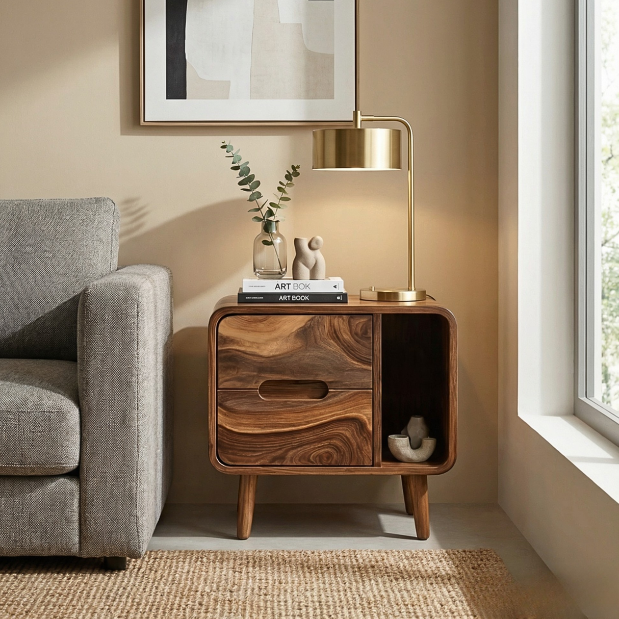 Handcrafted Solid Wood Nightstand with Drawer and Open Book Shelf for Bedroom
