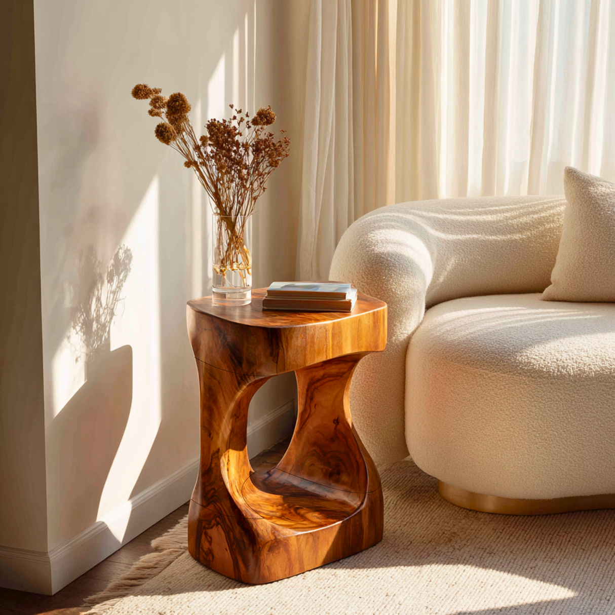 Modern Sculptural Solid Wood Side Table with Curved Base
