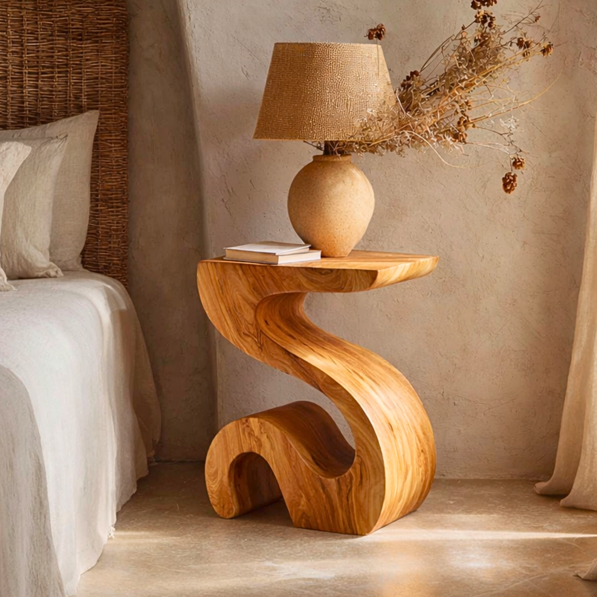 Handcrafted Solid Wood Bedside Table for Lamp with Sculptural Curved Base