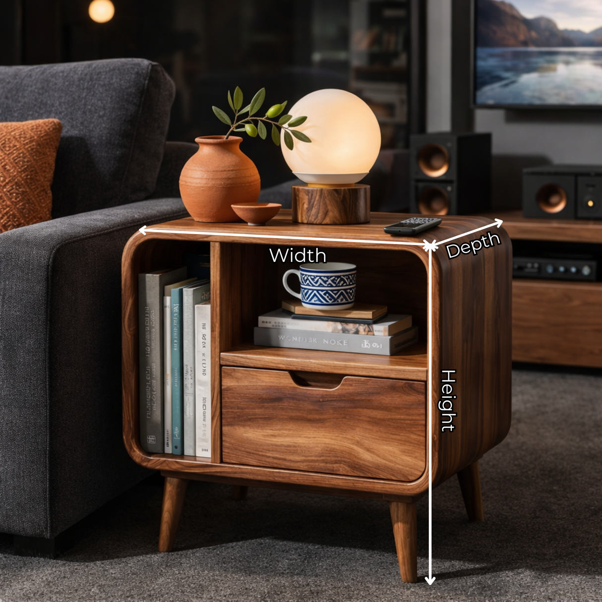 Solid Wood Nightstand with Drawer and Open Side Storage for Bedroom