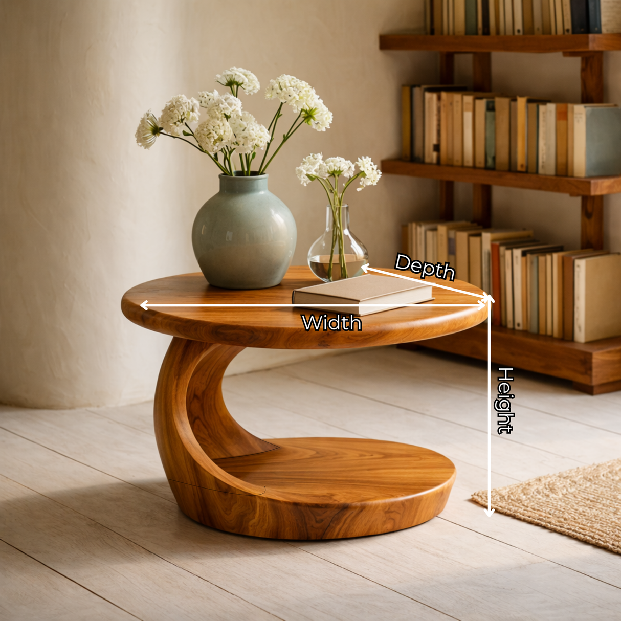 Round Sculptural Solid Wood Side Table for Living Room Decor