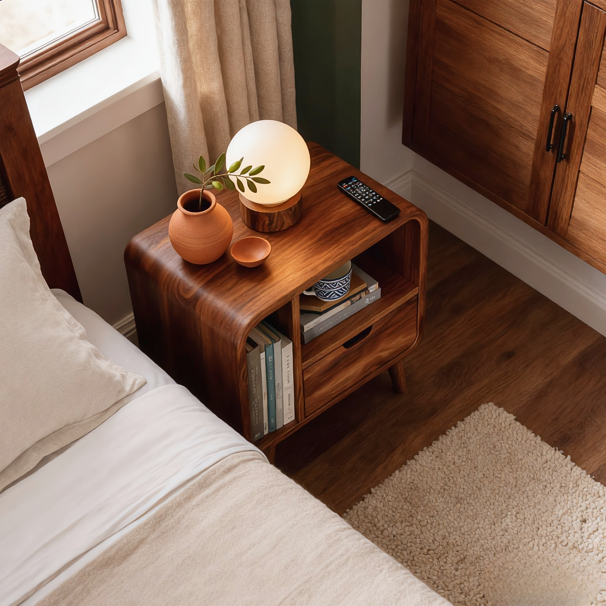 Solid Wood Nightstand with Drawer and Open Side Storage for Bedroom