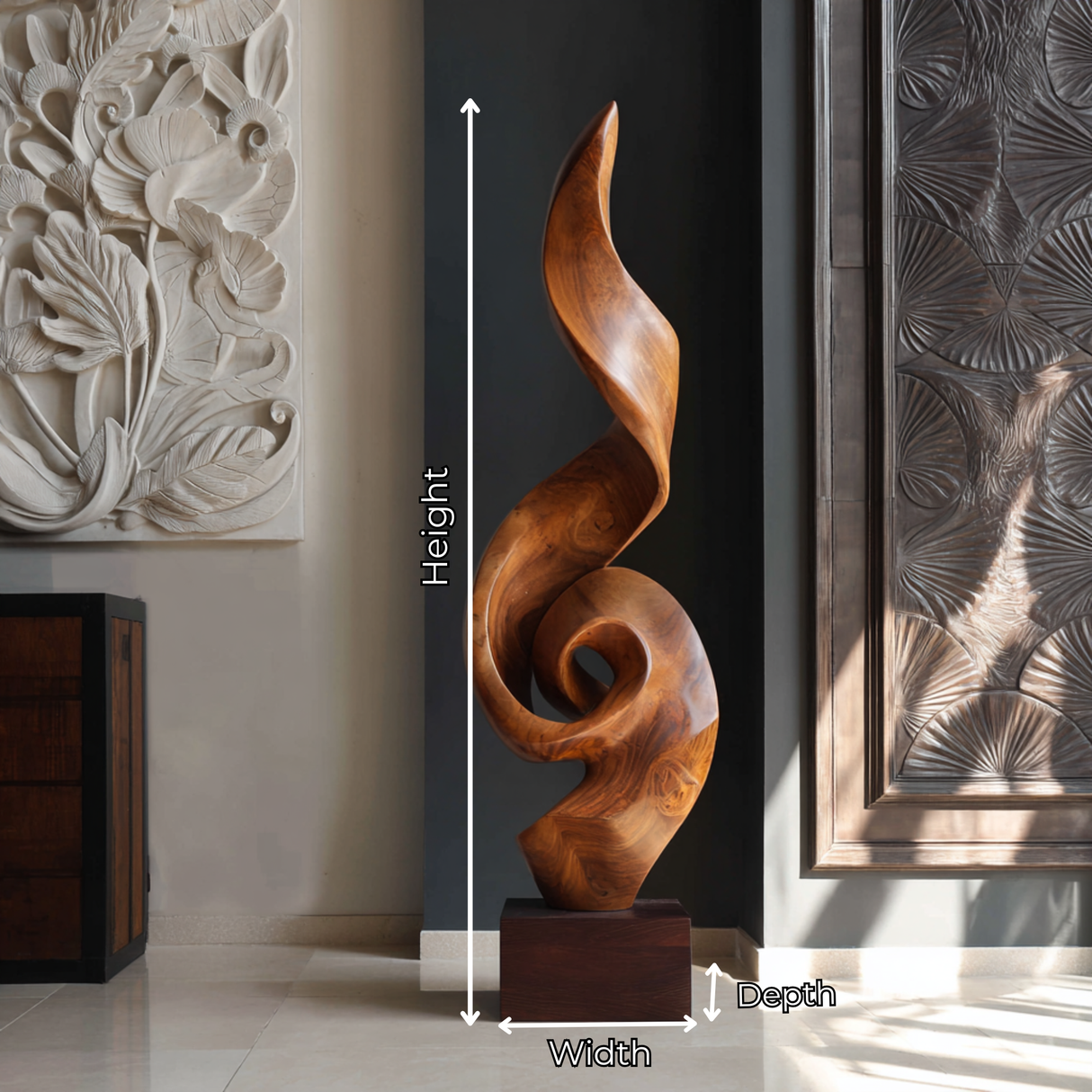 Tall Solid Wood Spiral Flame Sculpture with Plinth for Modern Interiors