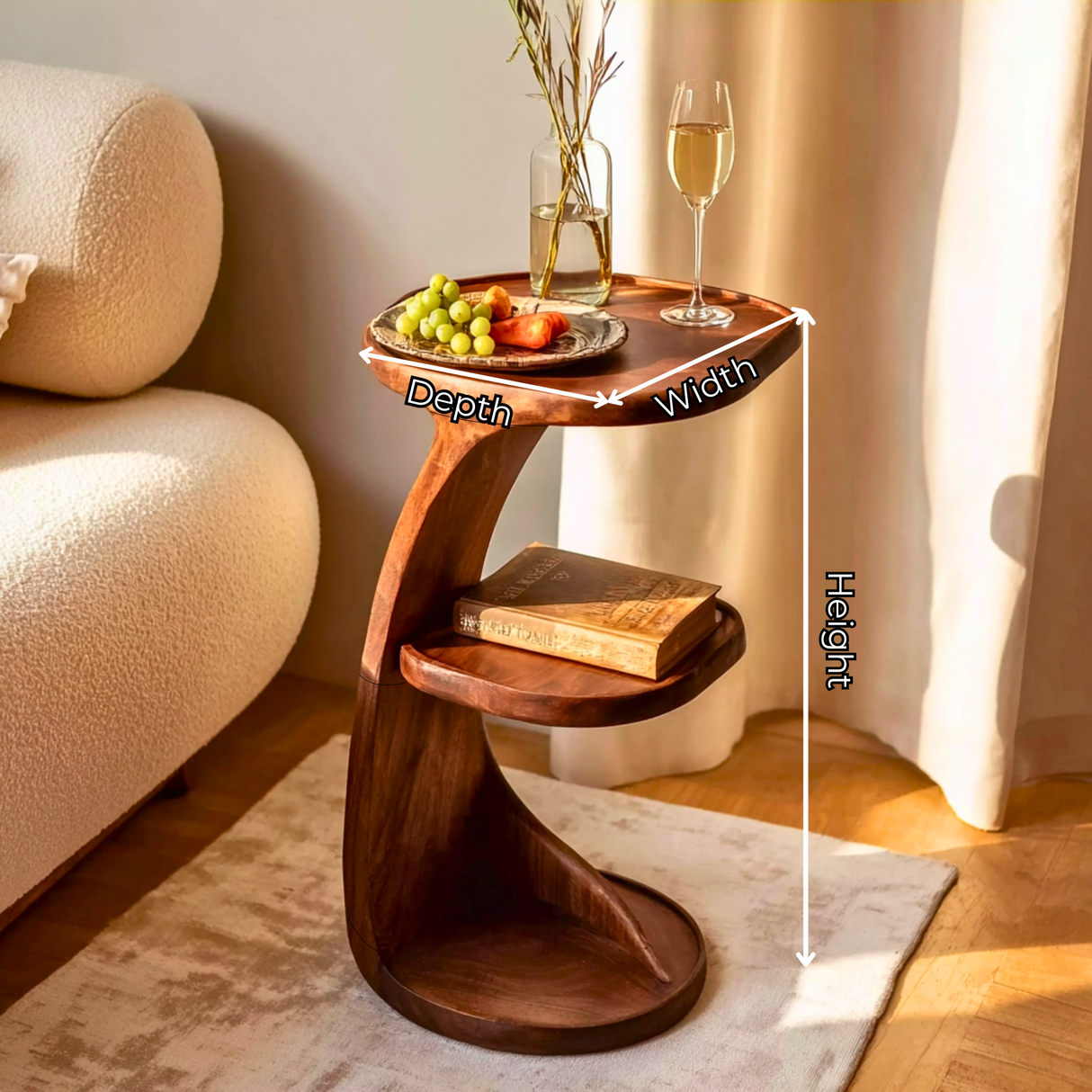 Curved Two Level Solid Wood Side Table for Living Room Decor