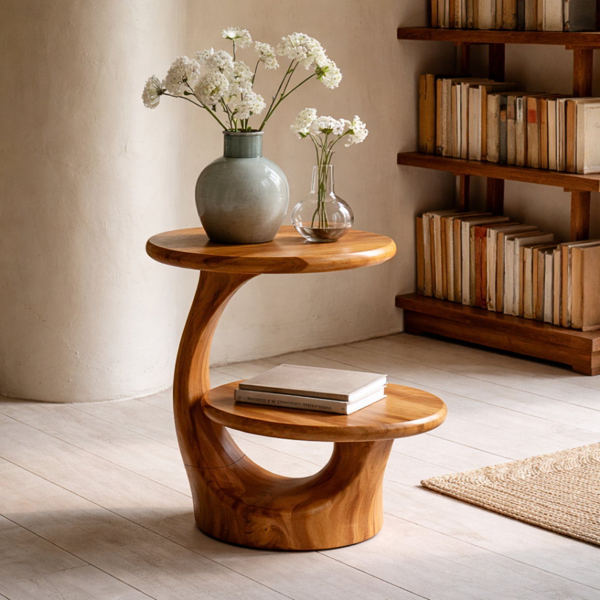 Two Tier Round Solid Wood Side Table for Living Room Decor