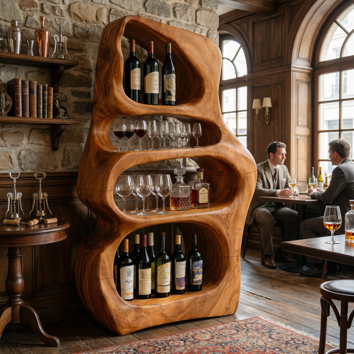 Solid Wood Wine Shelf with Organic Open Compartments for Living Room