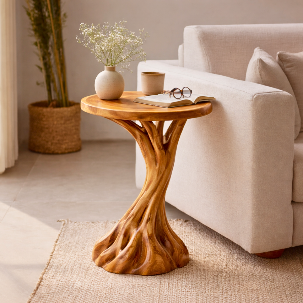 Organic Pedestal Solid Wood Side Table with Round Top for Living Room Decor