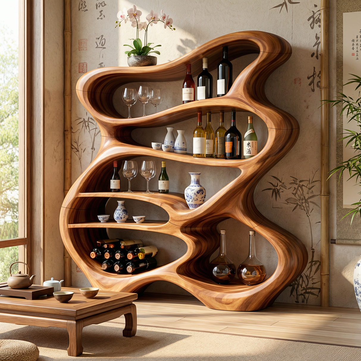 Handcrafted Solid Wood Bar Cabinet with Organic Open Shelves for Living Room