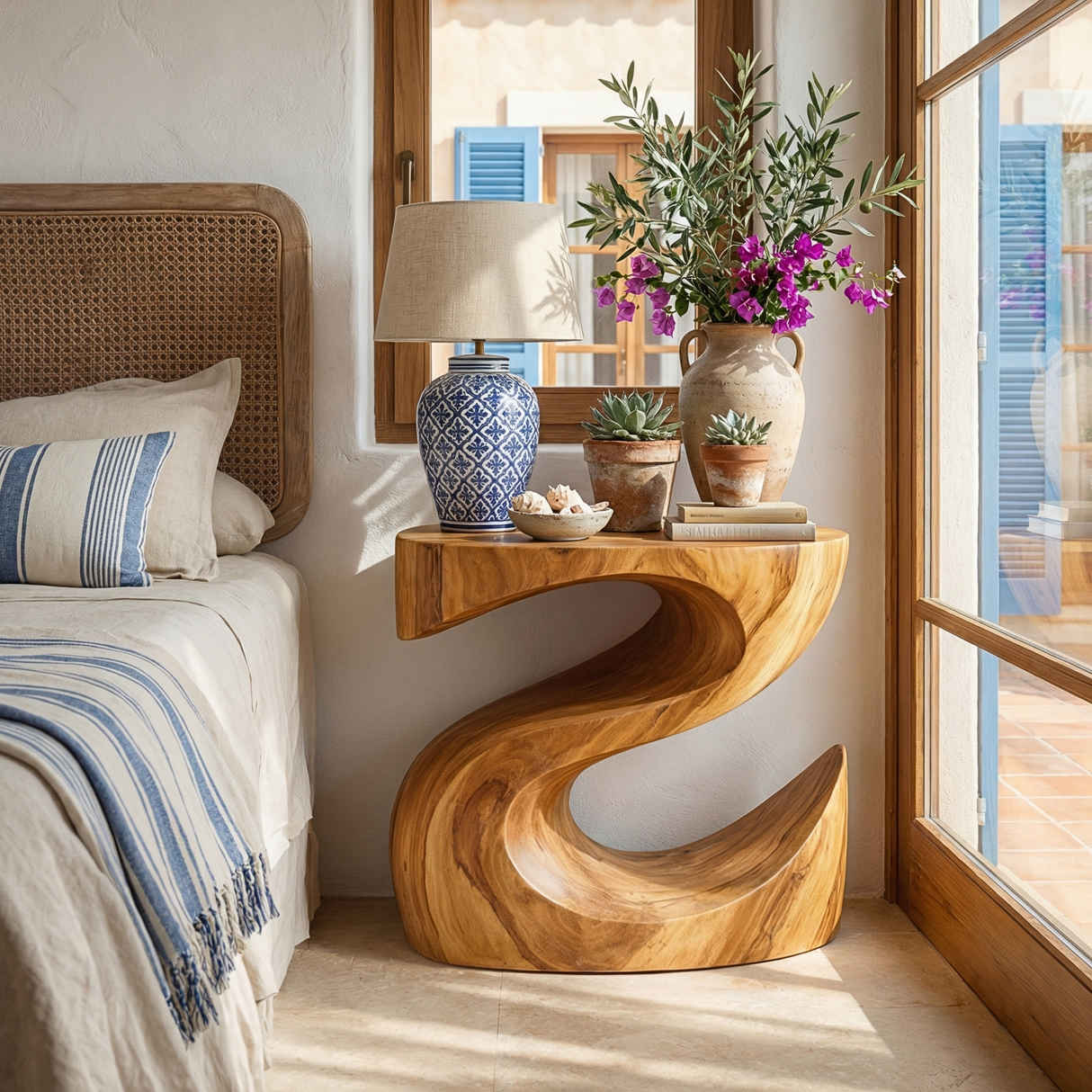 Handcrafted Solid Wood Bedside Table with Sculptural Curved Base for Bedroom