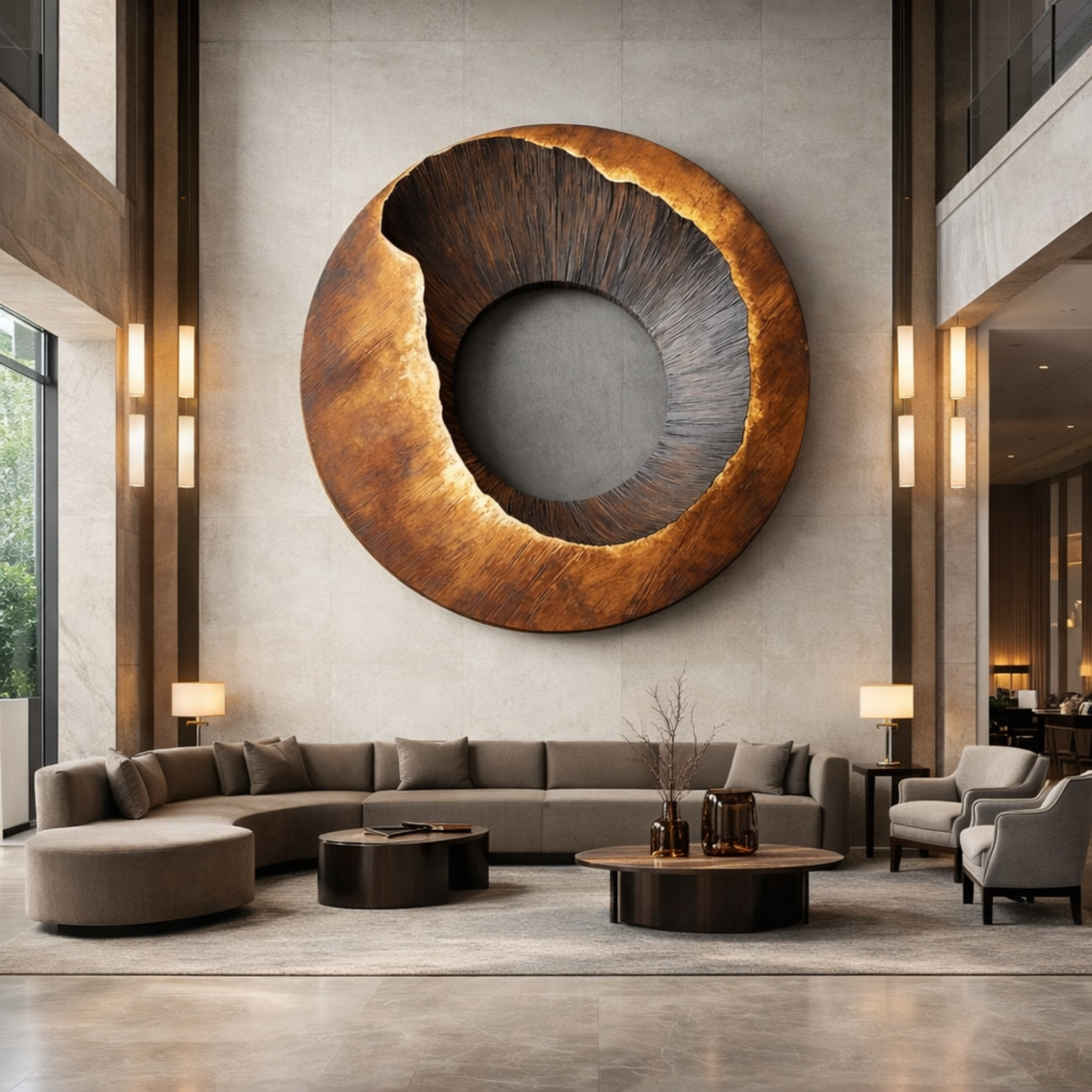Round Wood Wall Sculpture with Open Center and Carved Interior Texture