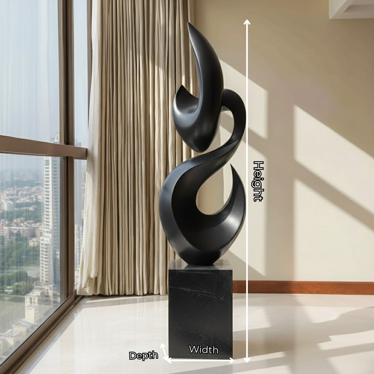 Tall Solid Wood Flame Floor Sculpture with Plinth for Modern Living Rooms