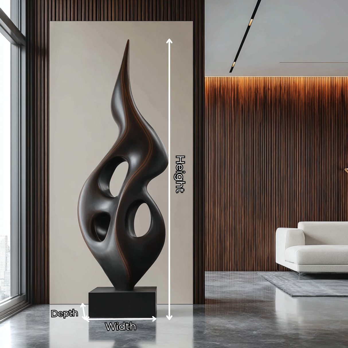 Tall Openwork Solid Wood Flame Sculpture with Plinth for Modern Living Rooms