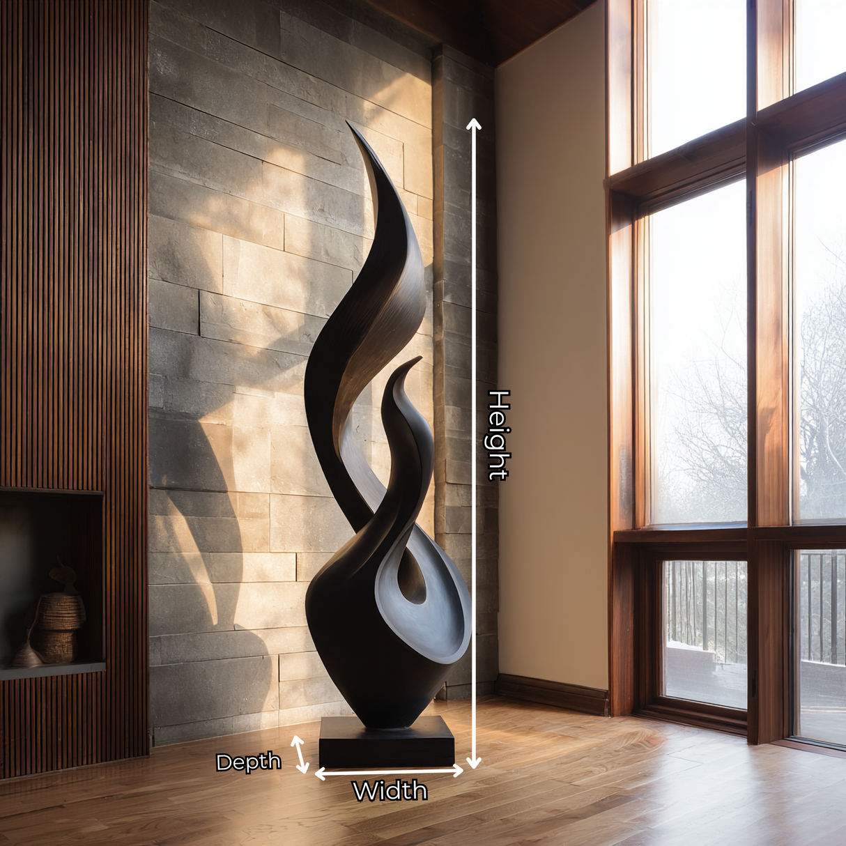 Tall Solid Wood Flame Floor Sculpture for Modern Interiors