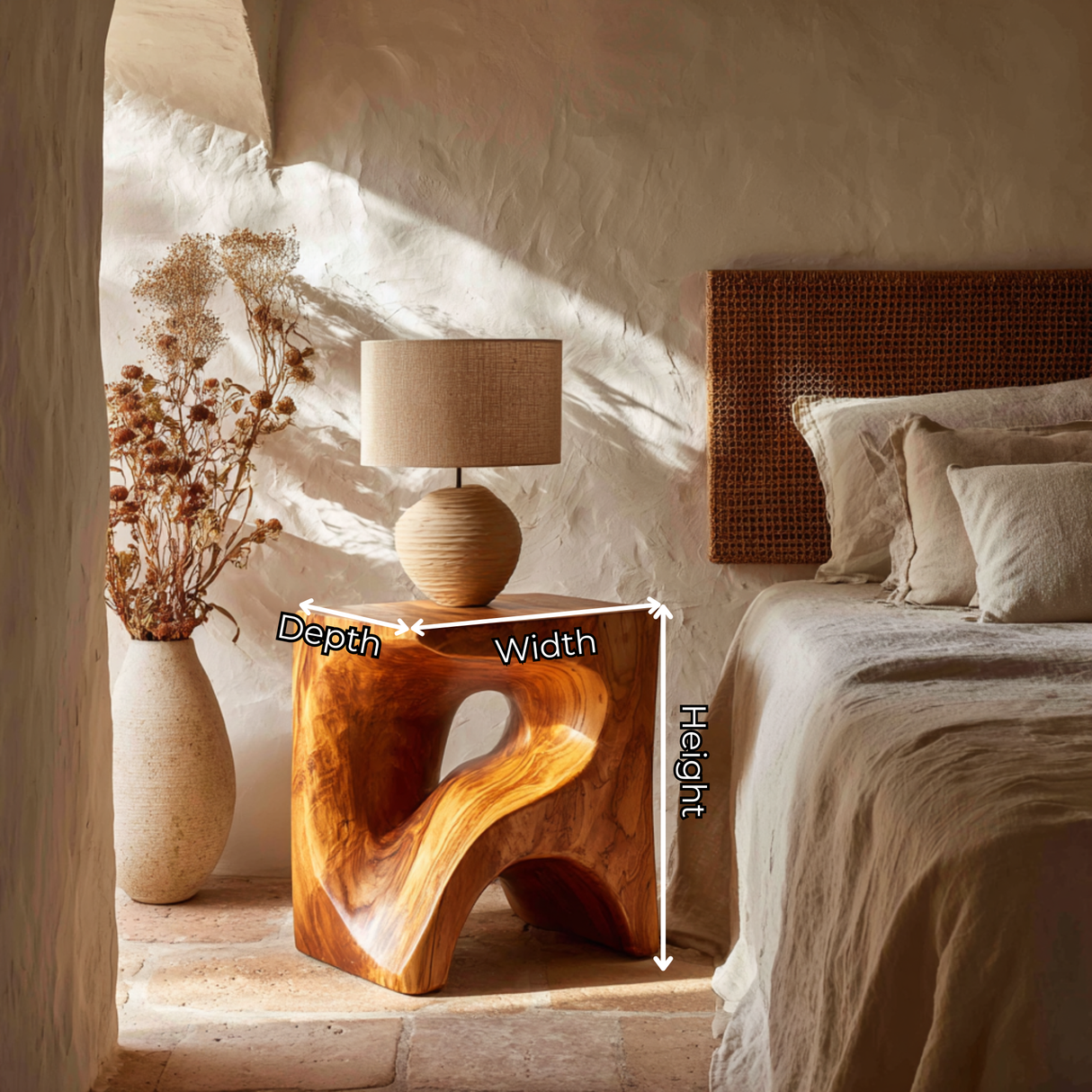 Handcrafted Solid Wood Bedside Table with Sculptural Open Base for Bedroom